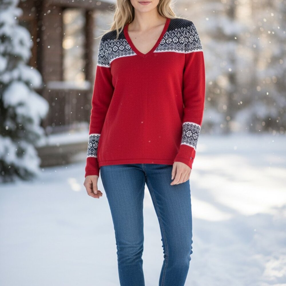 Tommy Hilfiger XL Red Nordic V-Neck Sweater – Classic Winter Knit, Cotton, Cozy